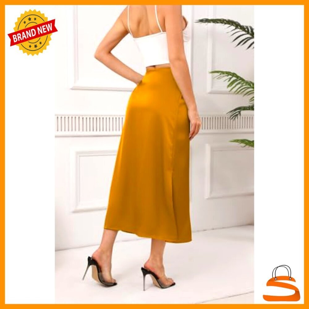 Satin Midi Skirt High Waisted Elastic Flowy Ruffle Cocktail Party Work - Picture 4 of 6